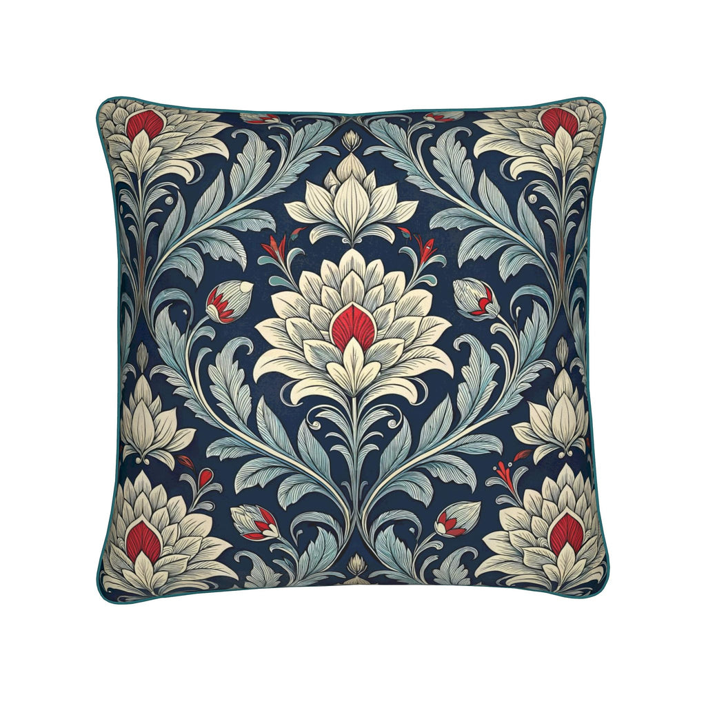 Cojín Decorativo de Terciopelo Azul | Estampado Floral Clásico | Reversible con Ribete Azul | Estilo William Morris | Loventra