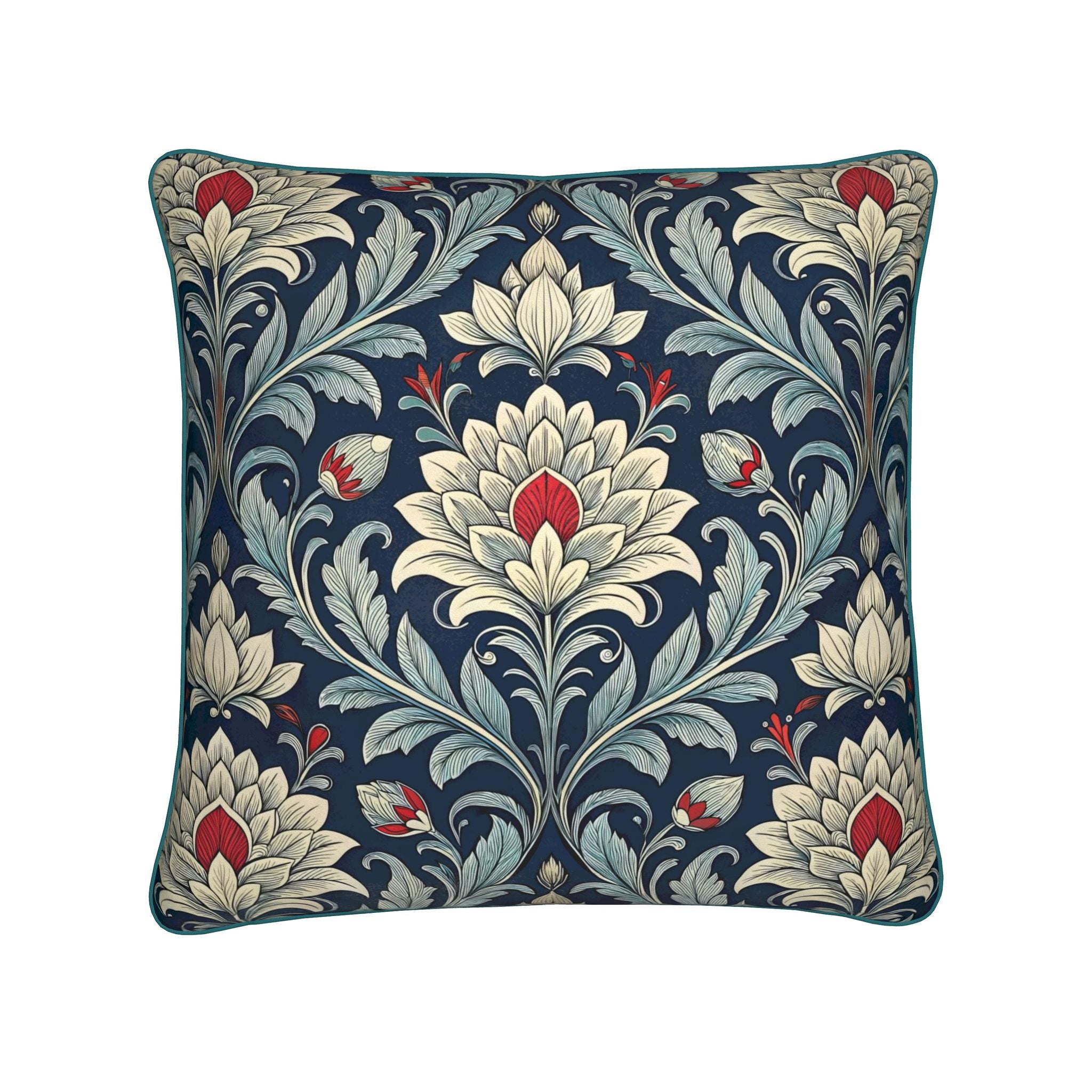 Cojín Decorativo de Terciopelo Azul | Estampado Floral Clásico | Reversible con Ribete Azul | Estilo William Morris | Loventra