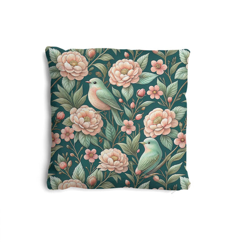 Conjunto de 4 Cojines Decorativos Botánicos de Lujo | Cojines Florales con Pájaros, Terciopelo Premium en Verde Azulado, Salvia y Beige | Loventra
