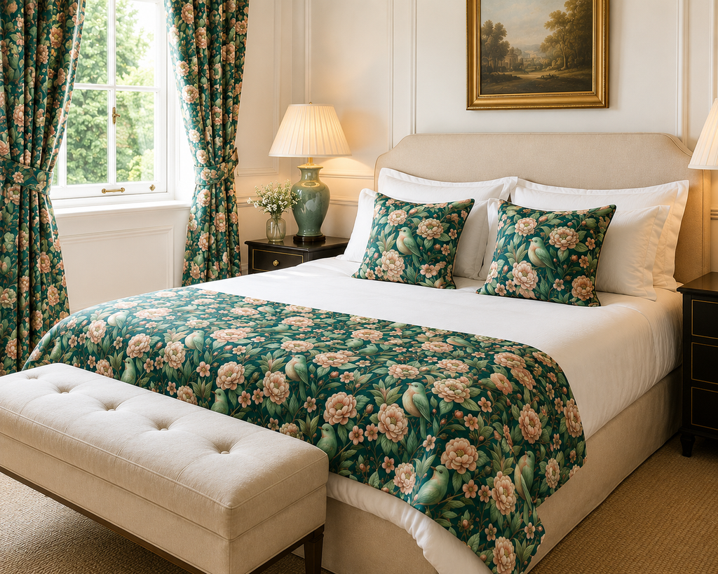 Piecera de Cama de Lujo con Pájaros y Flores | Confeccionada a Mano | Decoración Cottagecore Elegante | Pie de Cama Premium