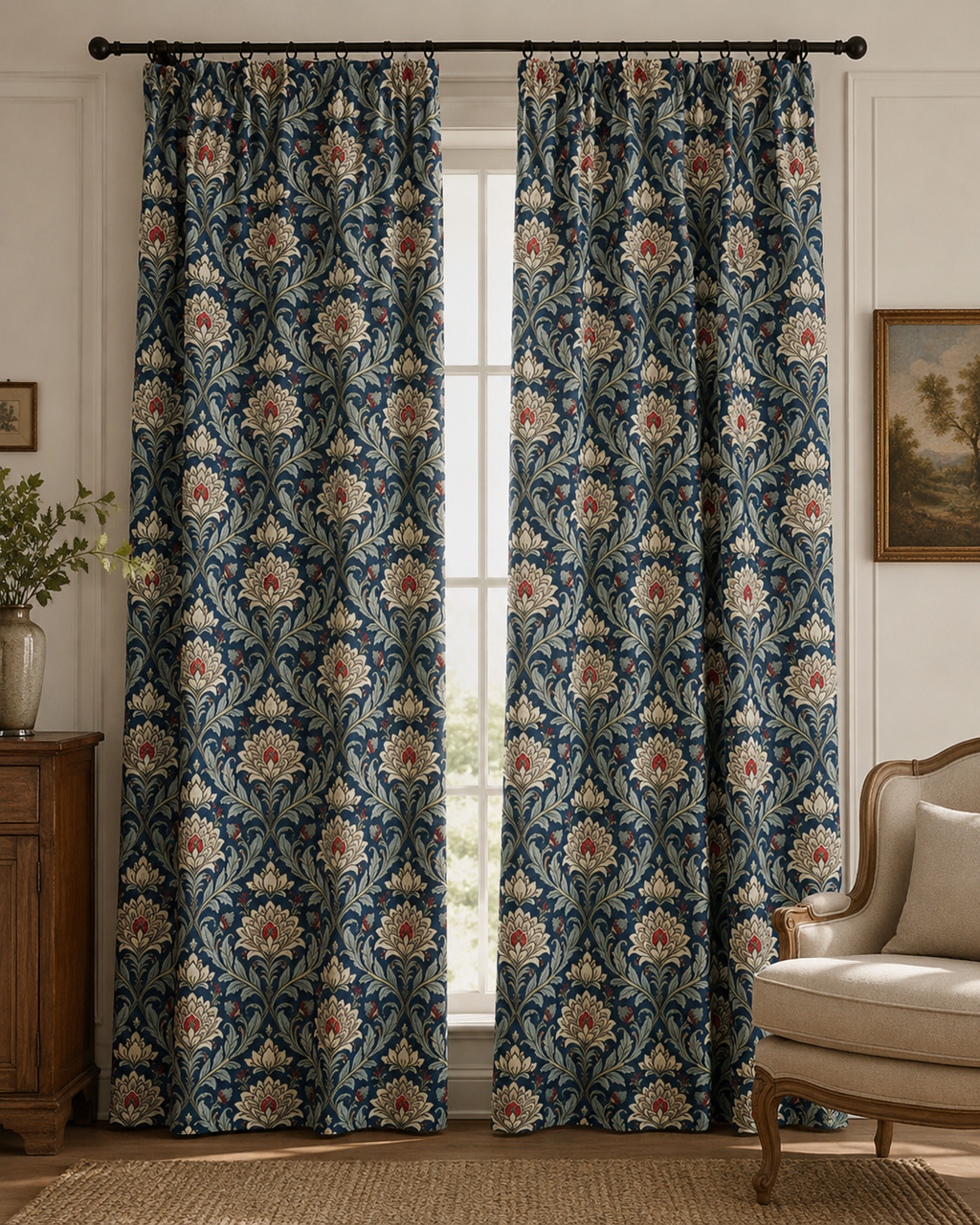 Cortinas Florales de Lujo Estilo William Morris | Cortinas Elegantes con Estampado Botánico Azul Marino | Cortinas Premium para Salón y Dormitorio