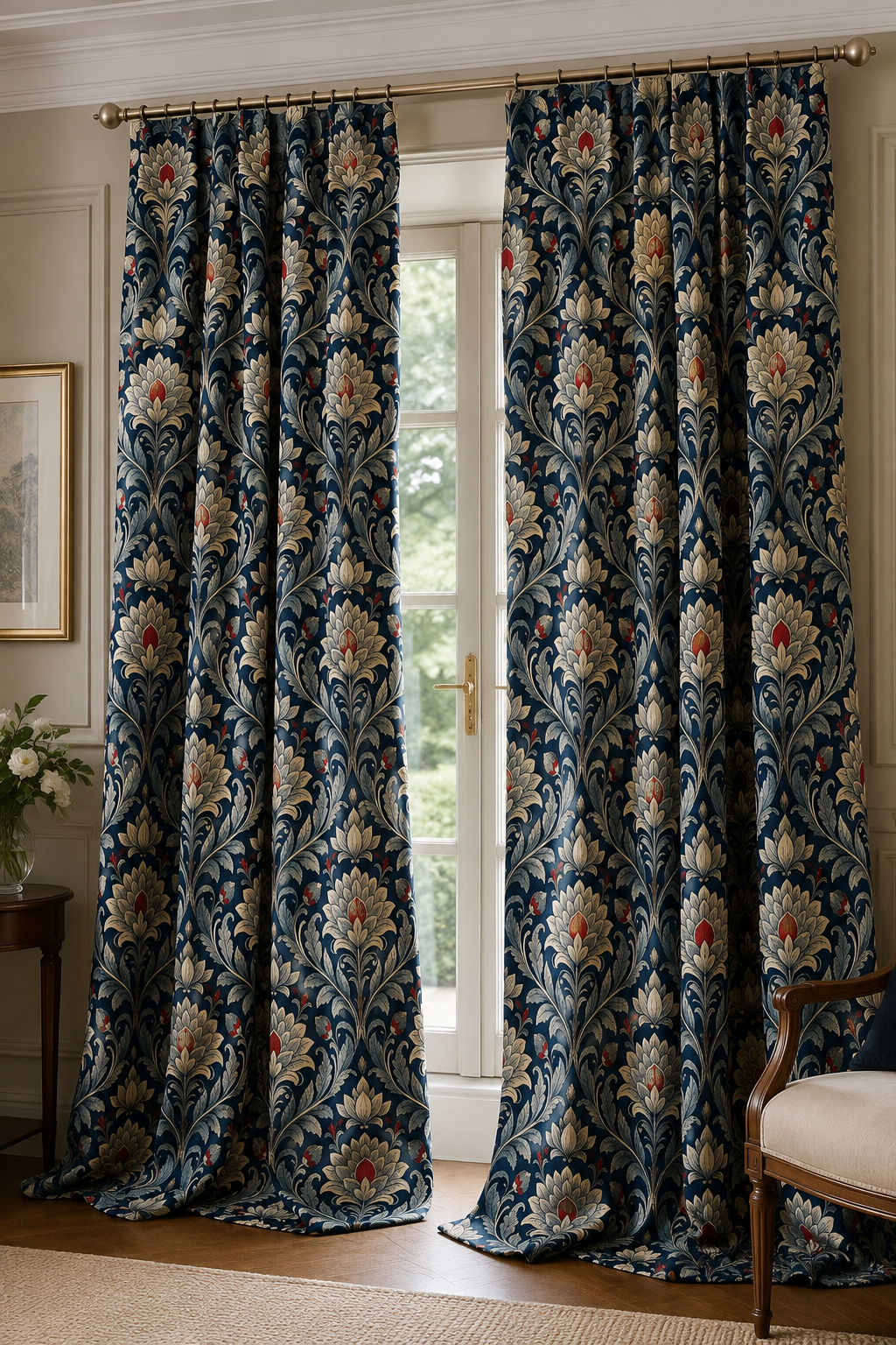 Cortinas Florales de Lujo Estilo William Morris | Cortinas Elegantes con Estampado Botánico Azul Marino | Cortinas Premium para Salón y Dormitorio