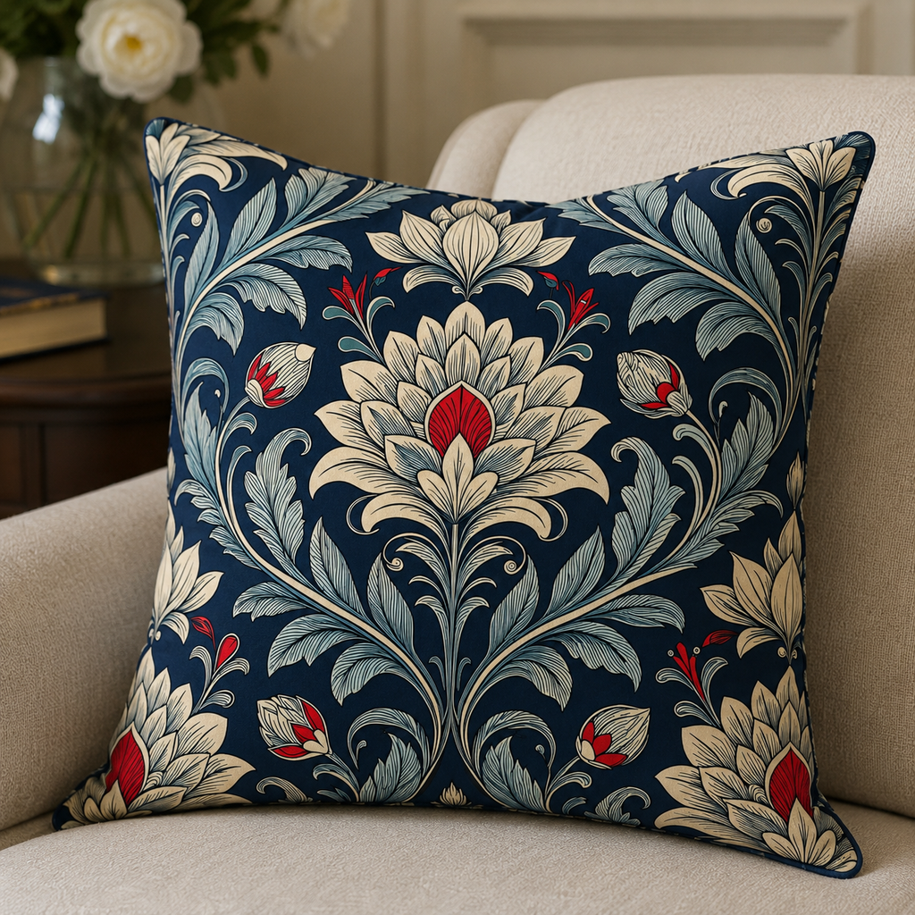 Cojín Decorativo de Terciopelo Azul | Estampado Floral Clásico | Reversible con Ribete Azul | Estilo William Morris | Loventra