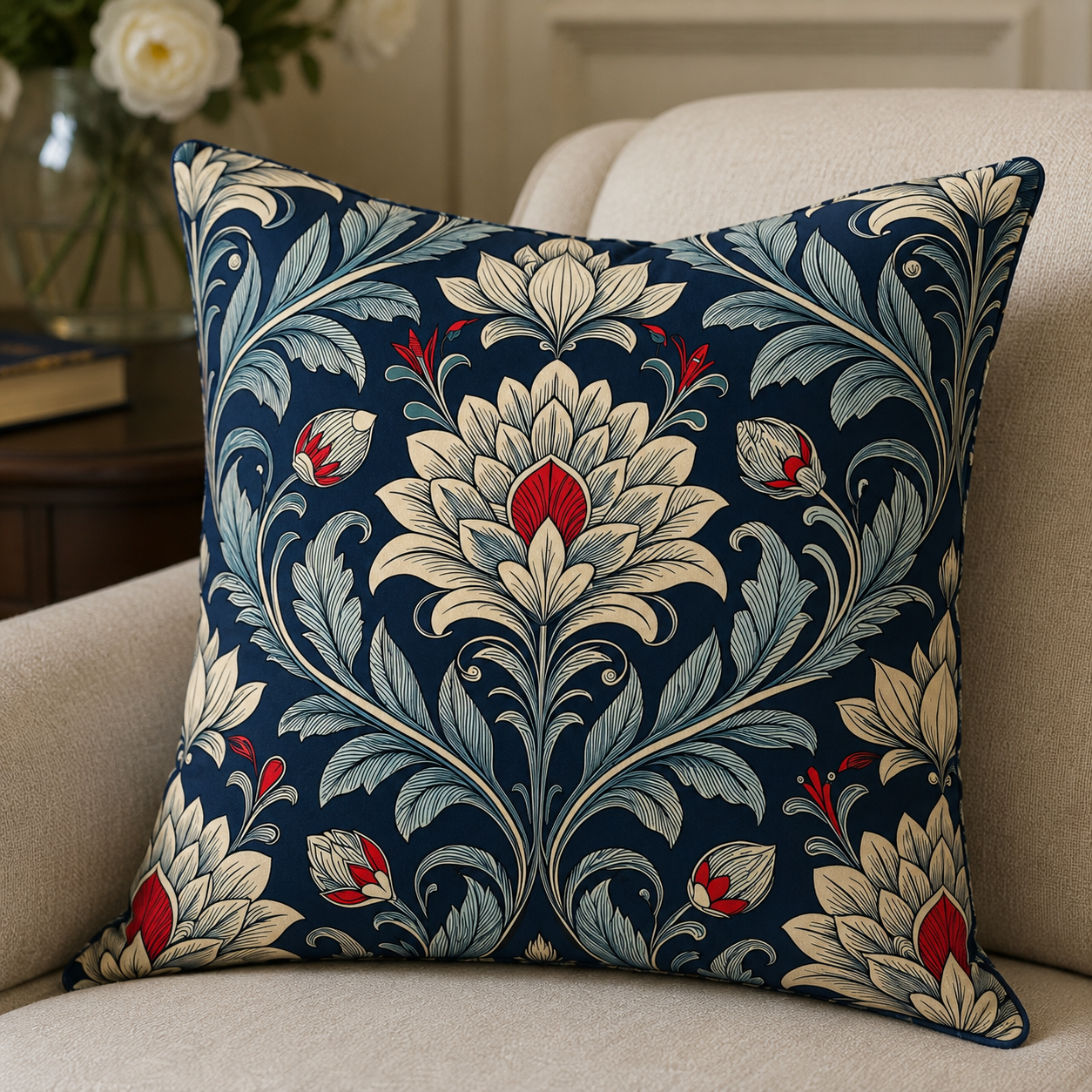 Cojín Decorativo de Terciopelo Azul | Estampado Floral Clásico | Reversible con Ribete Azul | Estilo William Morris | Loventra