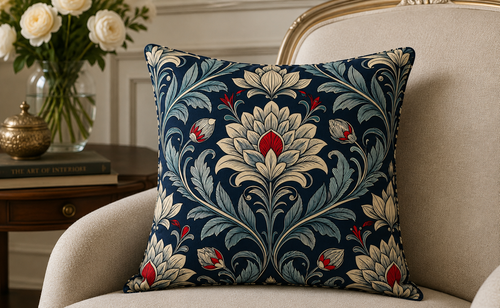 Cojín Decorativo de Terciopelo Azul | Estampado Floral Clásico | Reversible con Ribete Azul | Estilo William Morris | Loventra