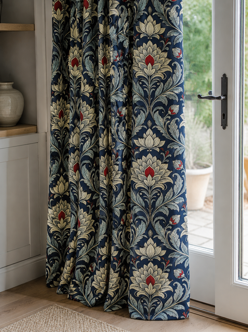 Cortinas Florales de Lujo Estilo William Morris | Cortinas Elegantes con Estampado Botánico Azul Marino | Cortinas Premium para Salón y Dormitorio