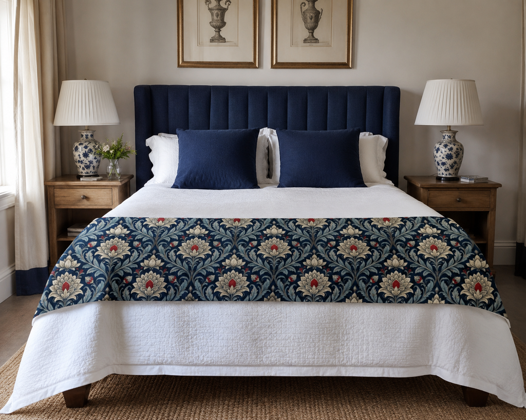 Piecera de Cama Floral de Lujo Estilo William Morris | Camino de Cama Azul Marino con Diseño Botánico Elegante | Bed Runner Premium