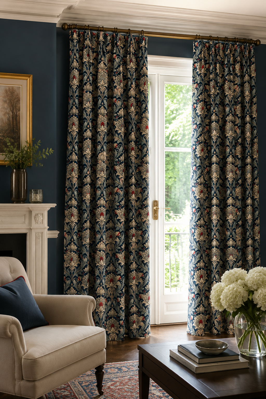 Cortinas Florales de Lujo Estilo William Morris | Cortinas Elegantes con Estampado Botánico Azul Marino | Cortinas Premium para Salón y Dormitorio