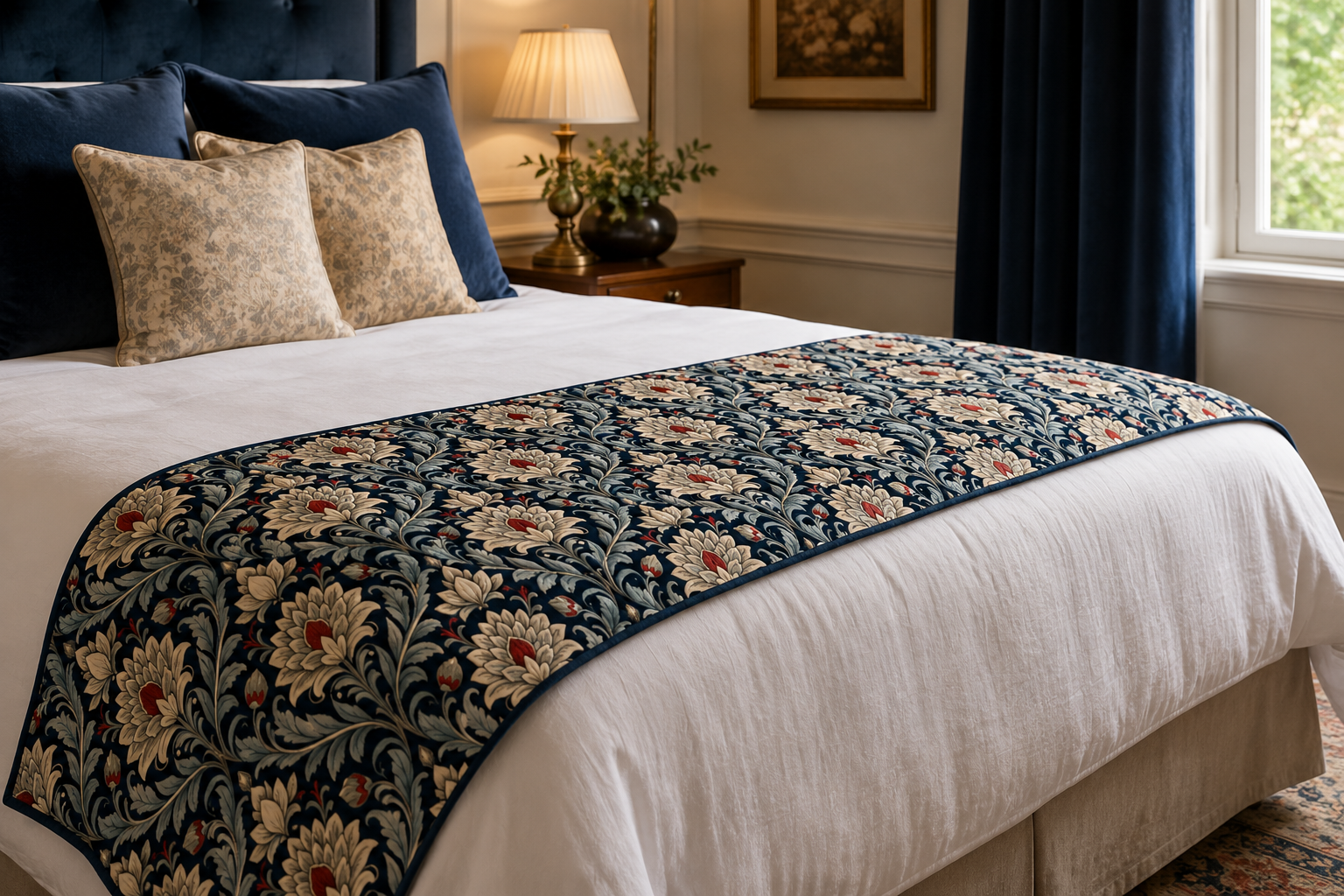 Piecera de Cama Floral de Lujo Estilo William Morris | Camino de Cama Azul Marino con Diseño Botánico Elegante | Bed Runner Premium