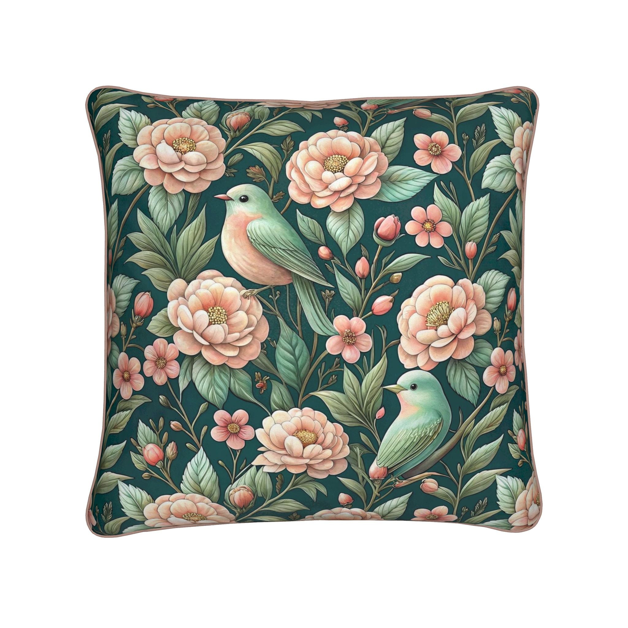 Cojín Floral con Pájaros | Funda Decorativa Reversible Rosa con Ribete | Cojín Elegante para Salón y Dormitorio | Loventra