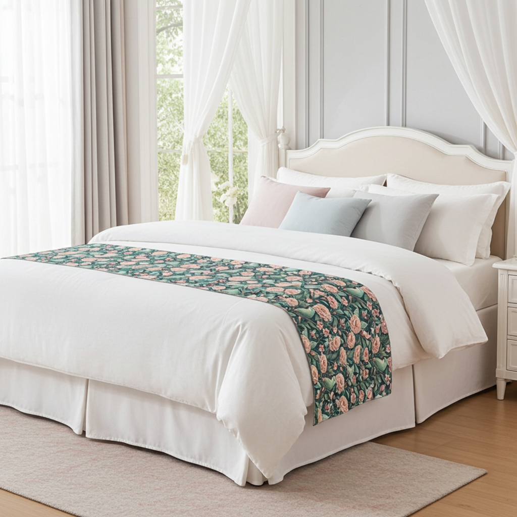 Piecera de Cama de Lujo con Pájaros y Flores | Confeccionada a Mano | Decoración Cottagecore Elegante | Pie de Cama Premium