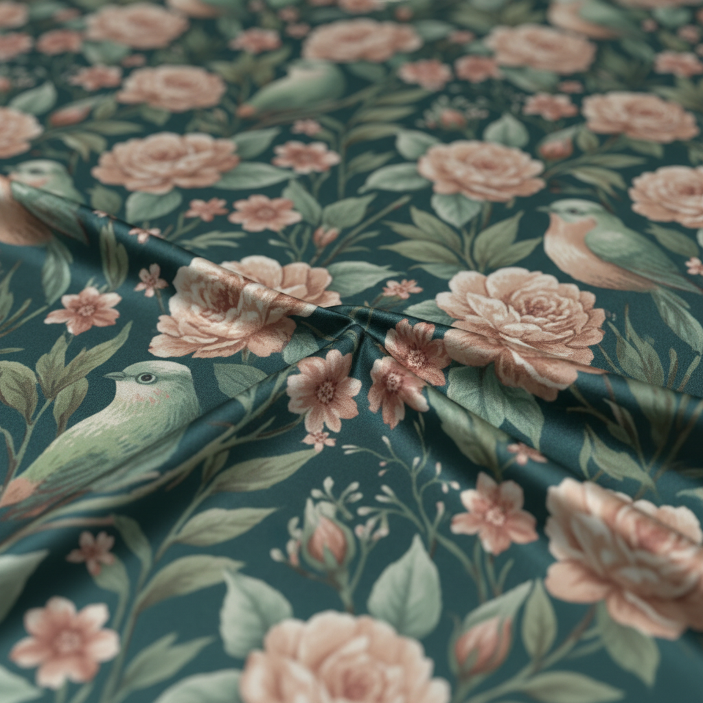 Piecera de cama botánica · Satén/Algodón-lino · Flores y pájaros vintage · Loventra
