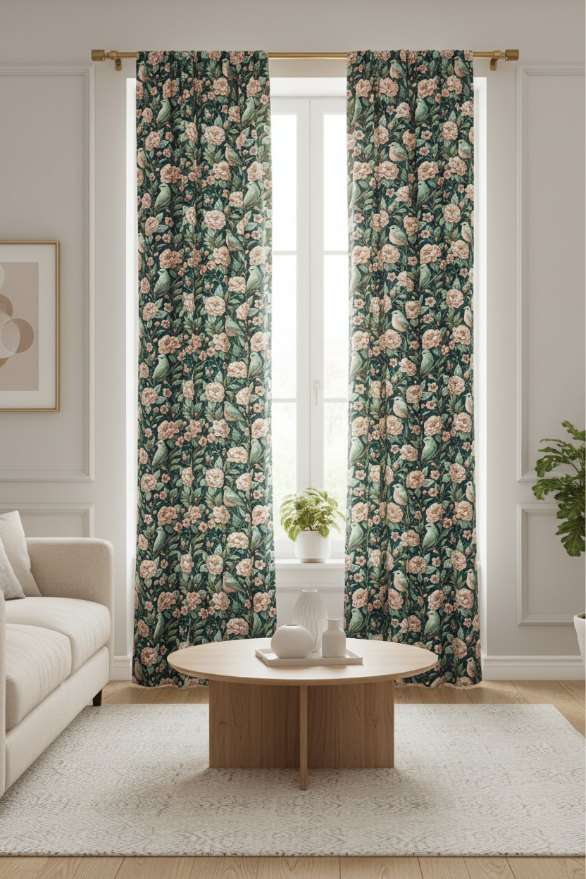 Par de cortinas florales con pájaros colgadas en ventana de salón con luz natural