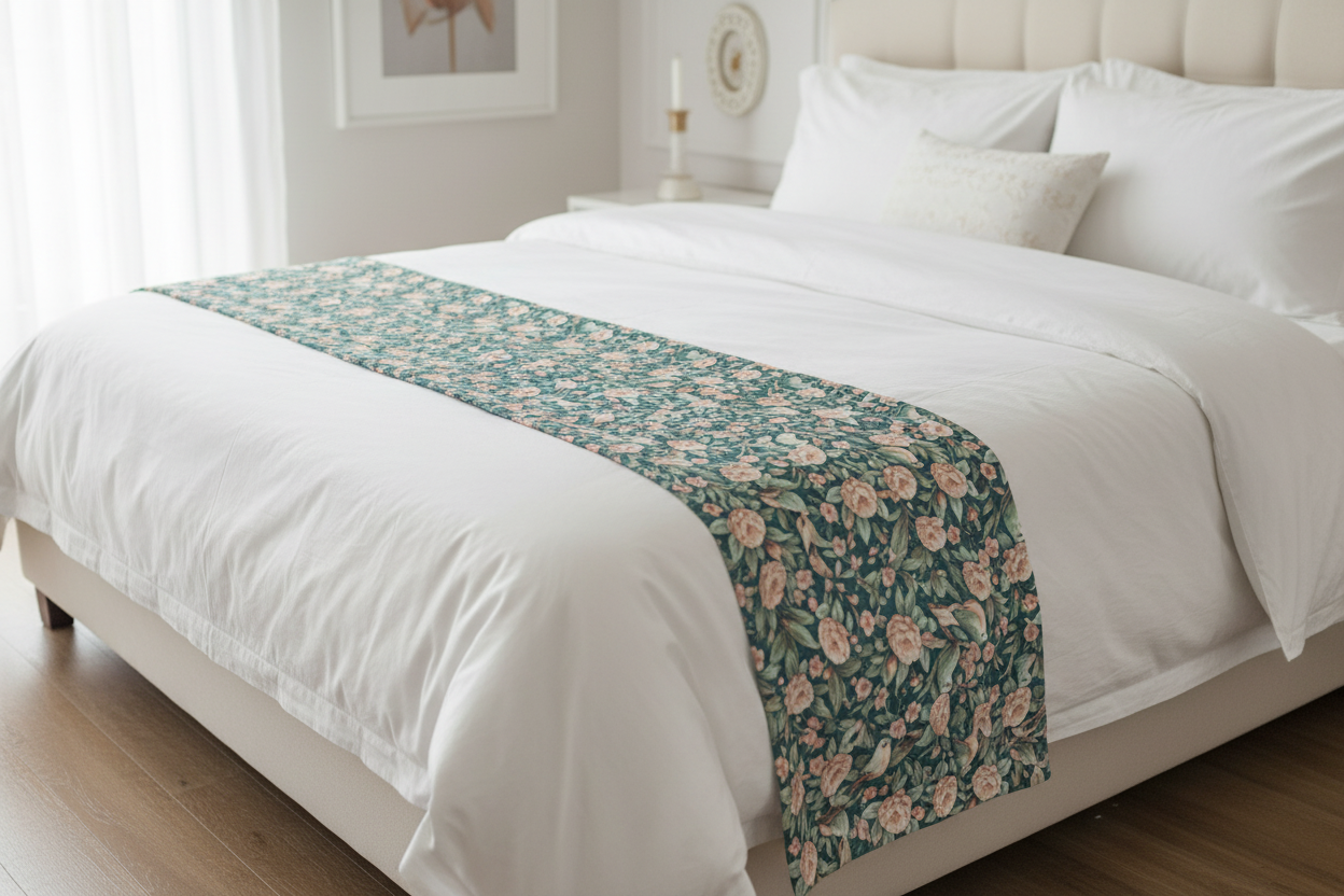 Piecera de cama botánica · Satén/Algodón-lino · Flores y pájaros vintage · Loventra