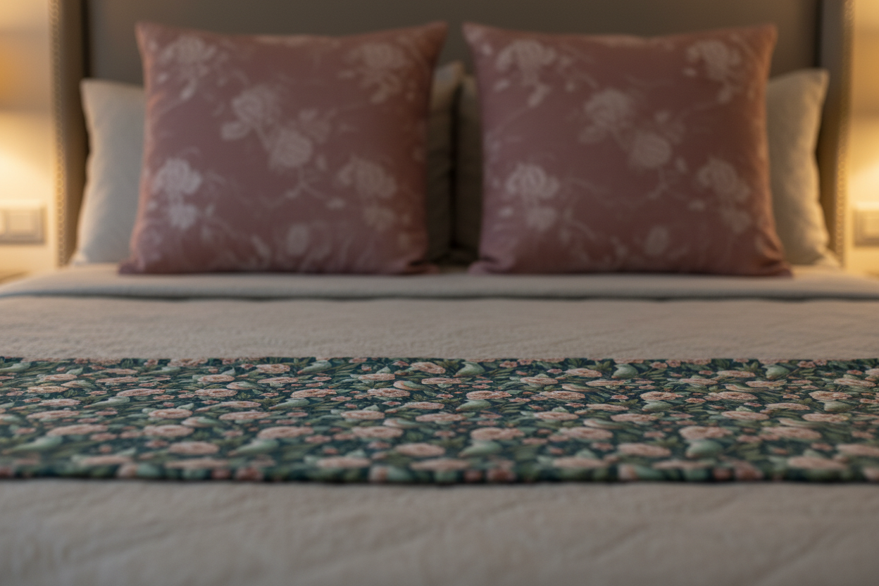 Piecera de cama botánica · Satén/Algodón-lino · Flores y pájaros vintage · Loventra